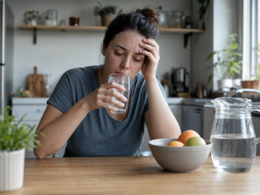 Person drinking water and looking unwell representing early diabetes symptoms like thirst and fatigue