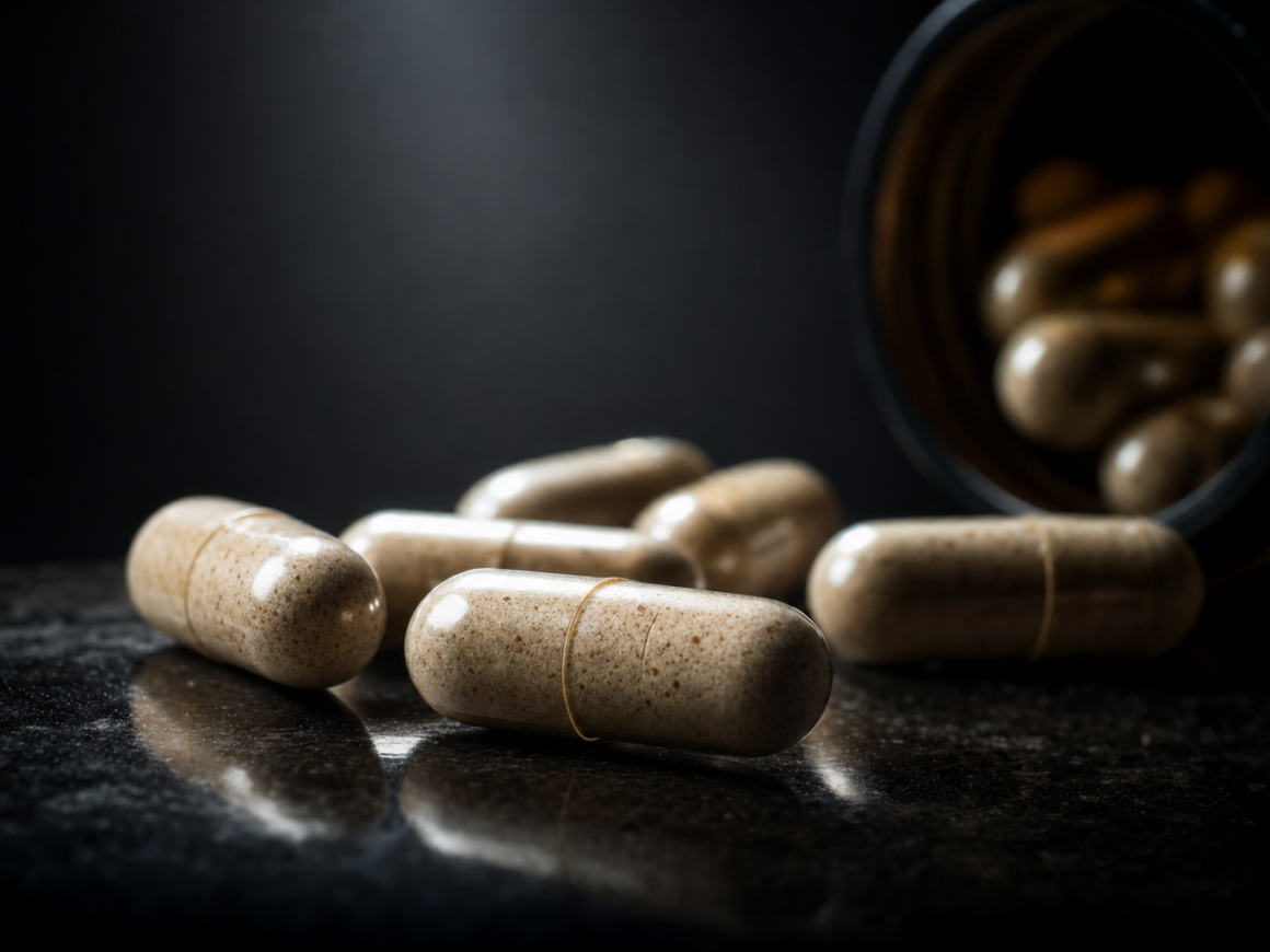 Dark moody close-up of digestive enzyme supplement capsules, representing digestive enzyme support