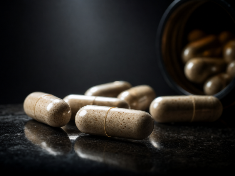 Dark moody close-up of digestive enzyme supplement capsules, representing digestive enzyme support