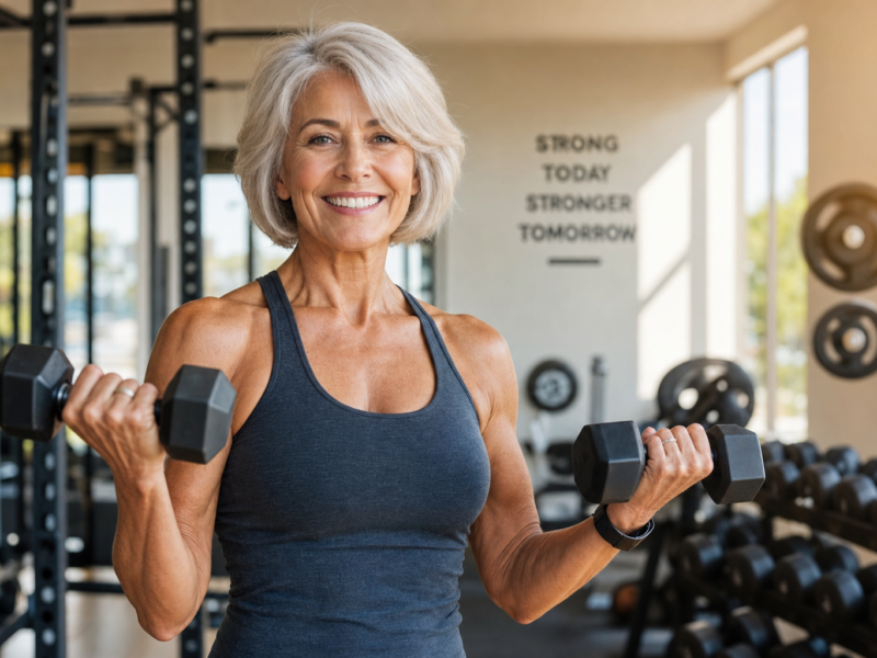 Older woman doing strength training with dumbbells representing exercise for healthy aging