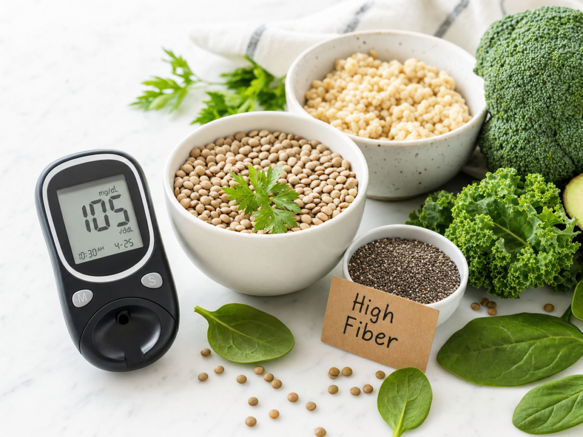Glucose meter next to high fiber foods like lentils oats and chia seeds representing fiber and blood sugar control
