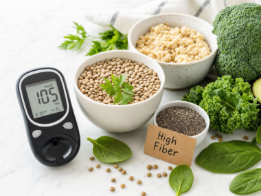 Glucose meter next to high fiber foods like lentils oats and chia seeds representing fiber and blood sugar control