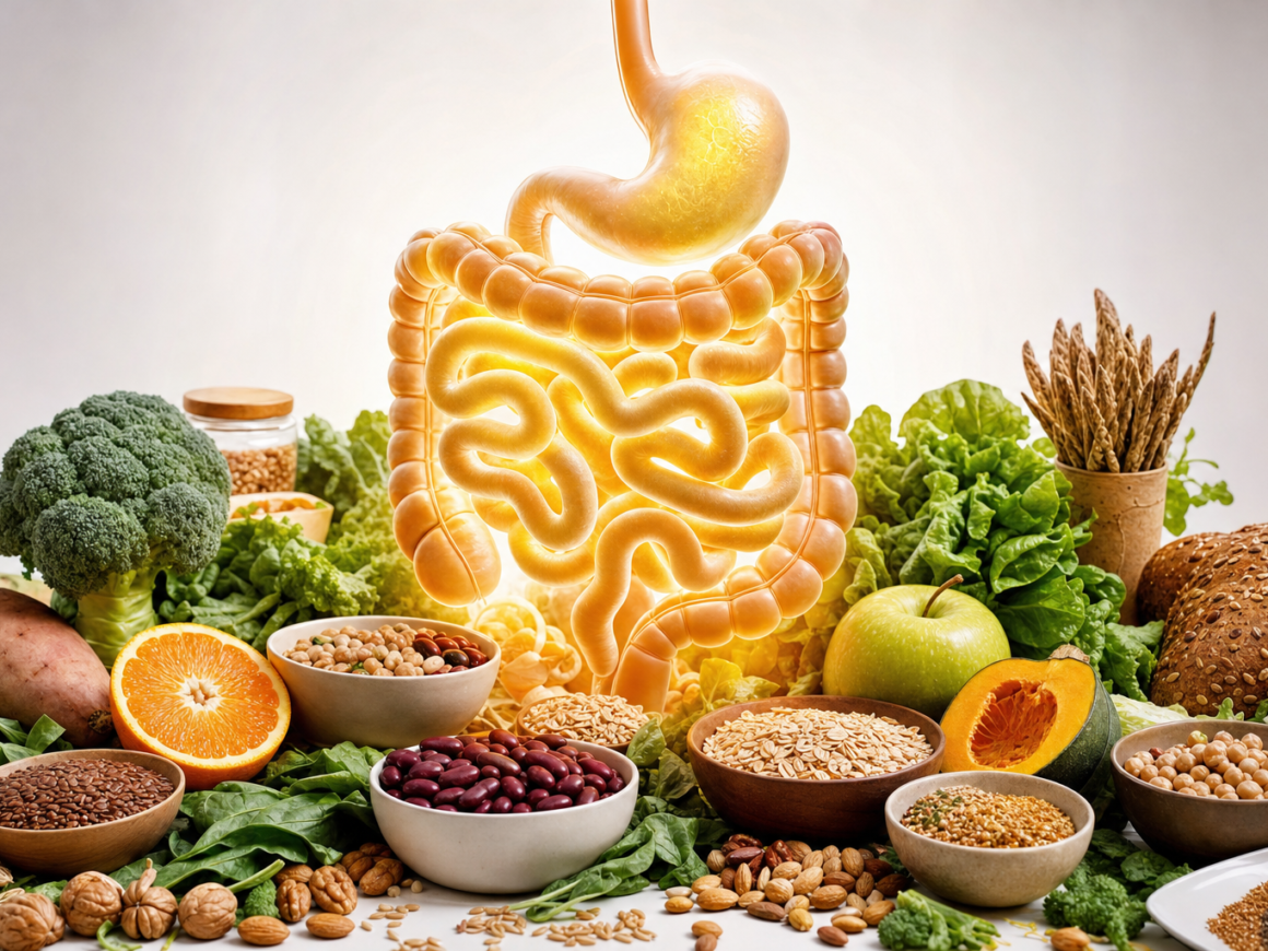 Healthy digestive system illustration with fiber rich foods representing good digestion and gut health