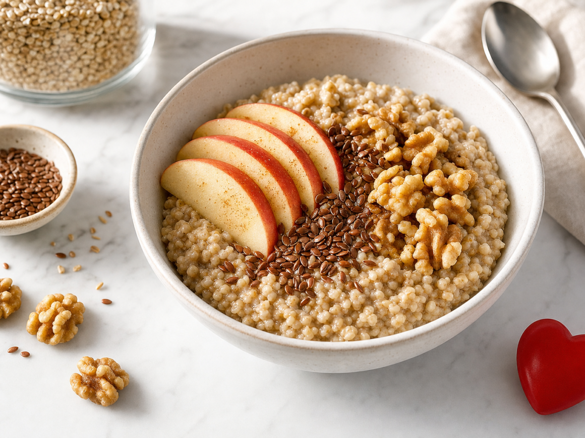 Bowl of oats with apples and heart symbol representing fiber and heart health cholesterol reduction