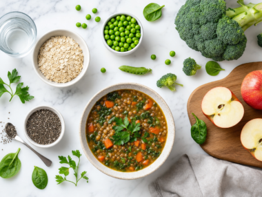 High fiber foods for weight loss including vegetables legumes oats and fruits arranged on white marble