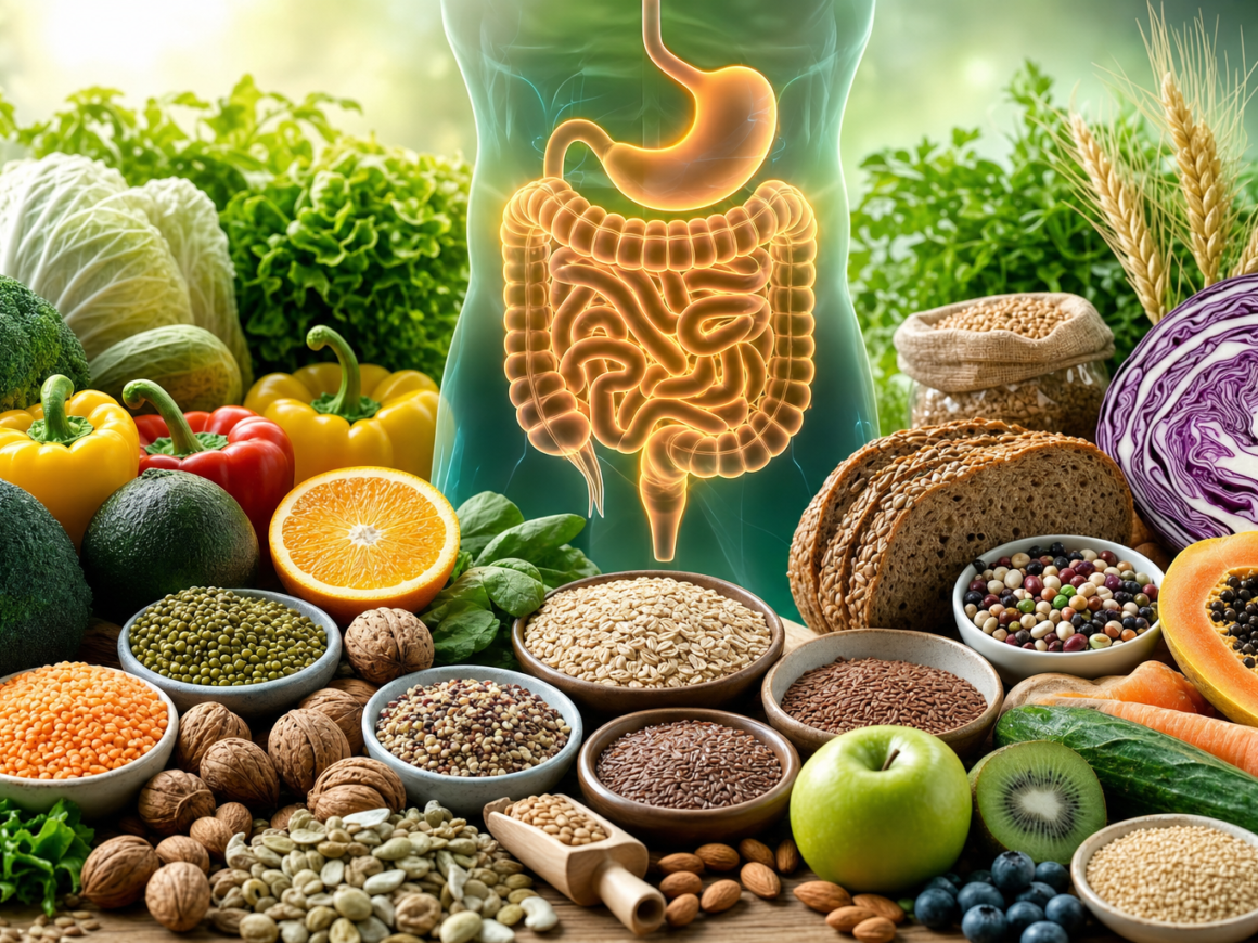 Vibrant illustration of a healthy gut with fiber rich foods representing gut health and microbiome