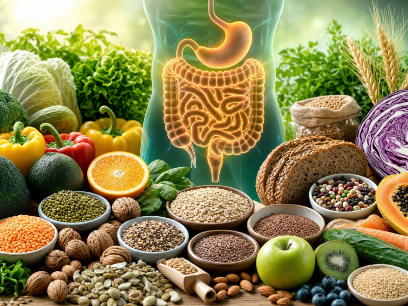 Vibrant illustration of a healthy gut with fiber rich foods representing gut health and microbiome