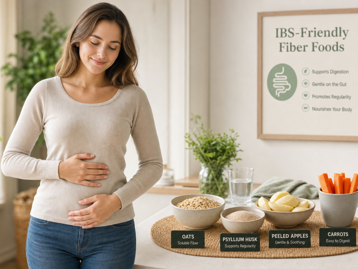 Person holding abdomen with IBS discomfort next to gentle fiber foods like oats and psyllium husk