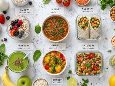 7 day high fiber meal plan with healthy foods including lentils oats vegetables and fruits beautifully laid out