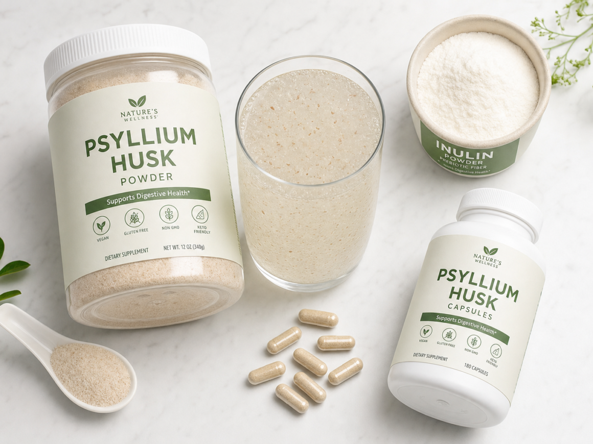 Various fiber supplement products including psyllium husk powder and capsules on a clean white surface