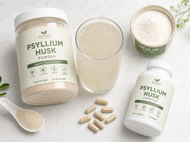 Various fiber supplement products including psyllium husk powder and capsules on a clean white surface