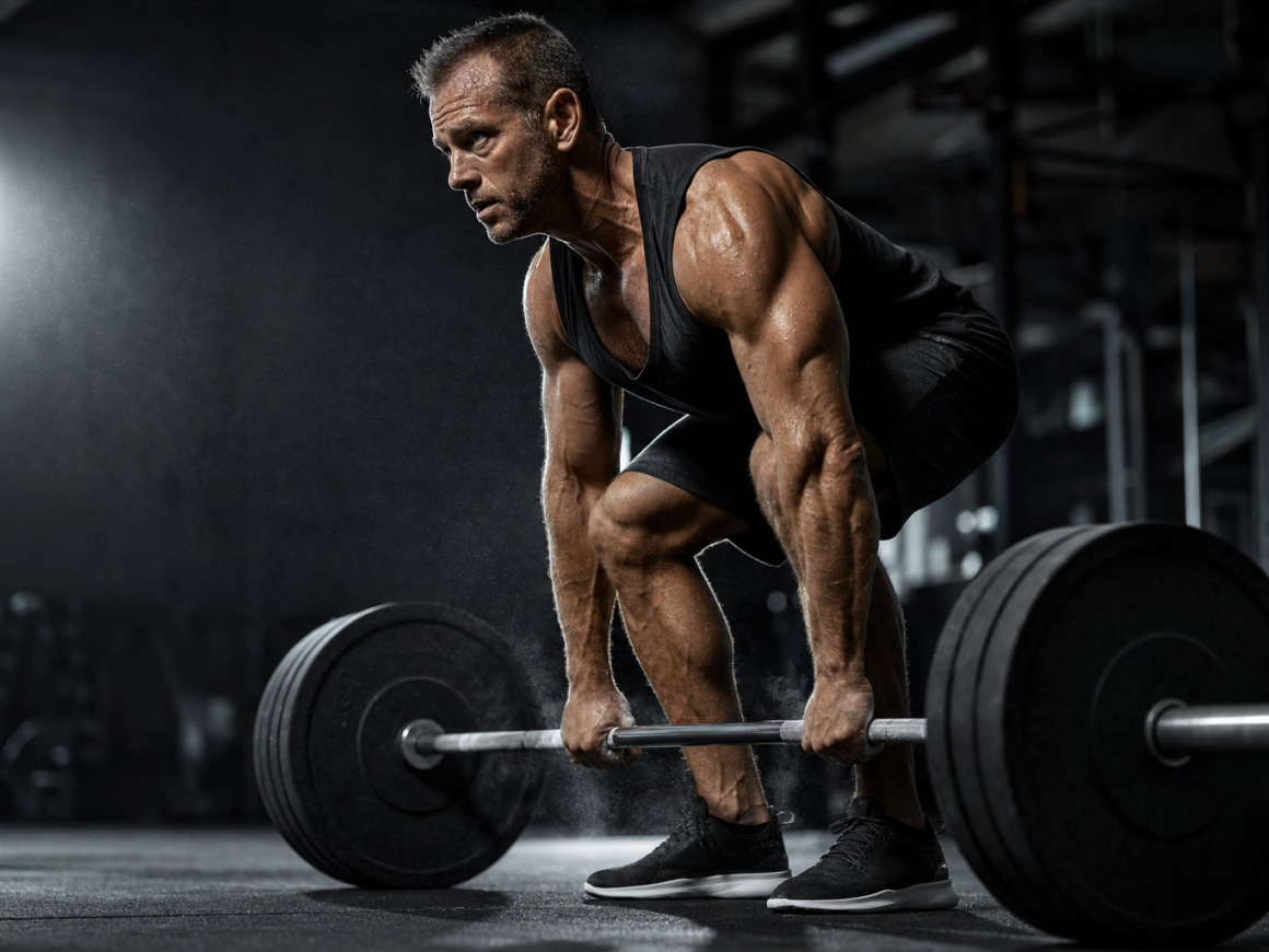 Athletic man in his 40s deadlifting in a dark, dramatically lit gym