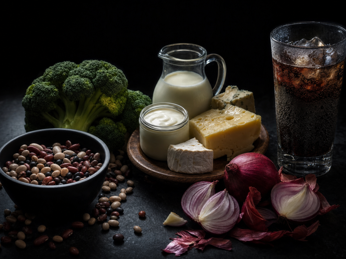 Dark moody flat lay of foods that commonly cause bloating, including beans, dairy, and cruciferous vegetables