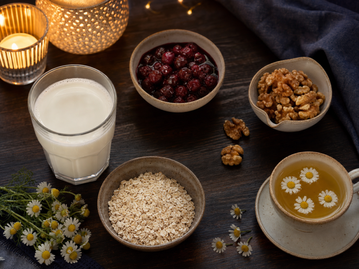 Tart cherries walnuts warm milk and oats on a table as foods that help you sleep