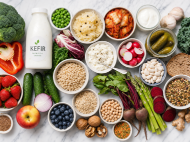 Fermented foods and fiber rich foods representing gut health and aging microbiome