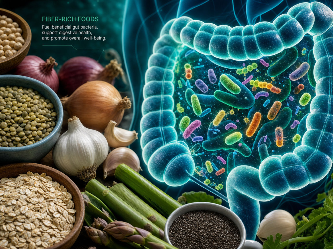 Microscopic gut bacteria microbiome illustration with fiber rich foods surrounding it