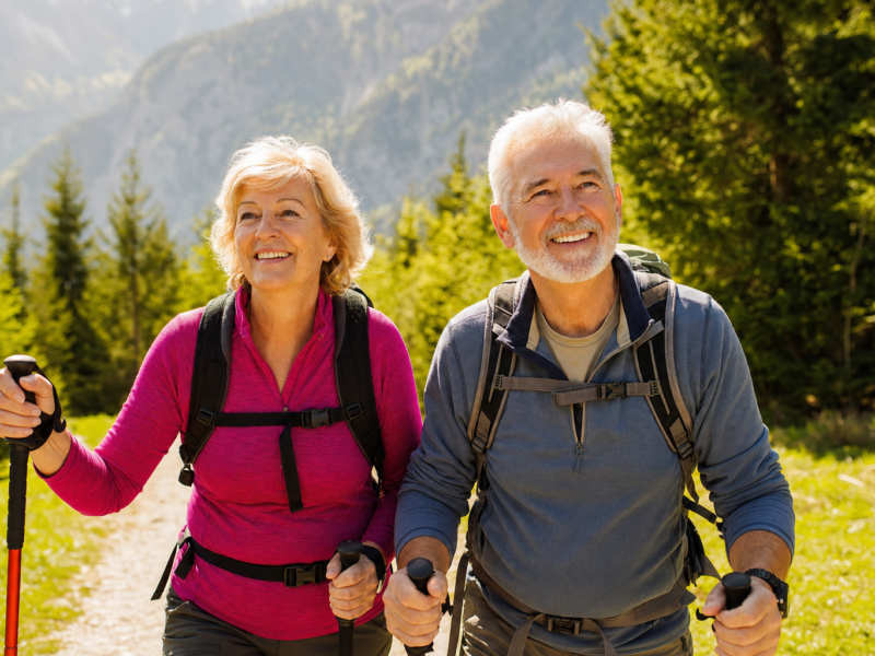Active older couple hiking outdoors representing healthy aging and vitality
