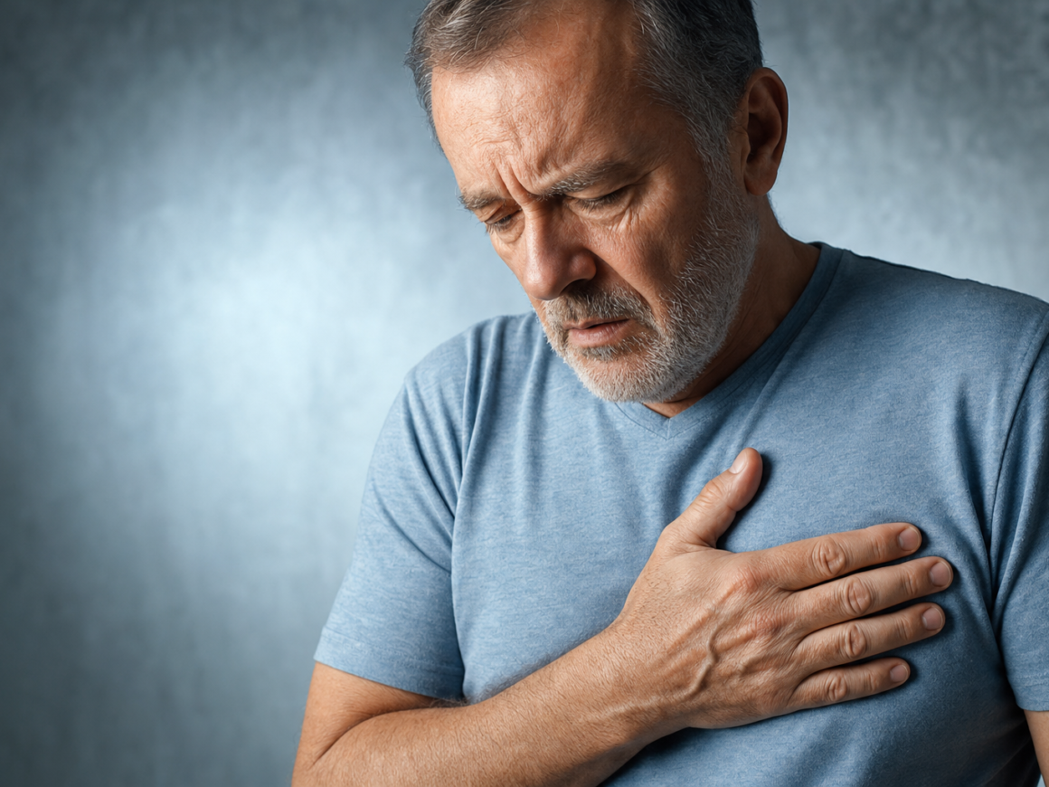 Person clutching chest showing warning signs of heart disease symptoms
