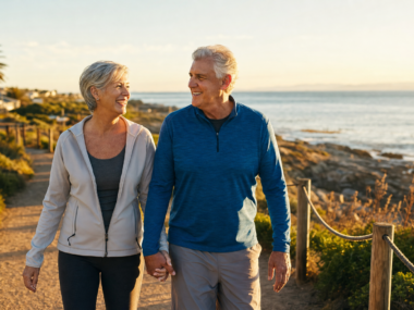 Active senior couple walking and smiling outdoors representing heart health after 50