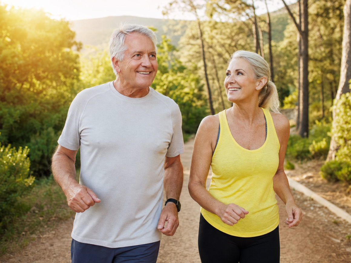 Older couple walking briskly and eating heart healthy Mediterranean food representing heart health and aging