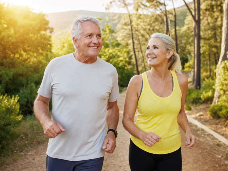 Older couple walking briskly and eating heart healthy Mediterranean food representing heart health and aging