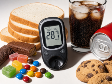 Digital glucose meter showing high blood sugar reading next to sugary foods on a table