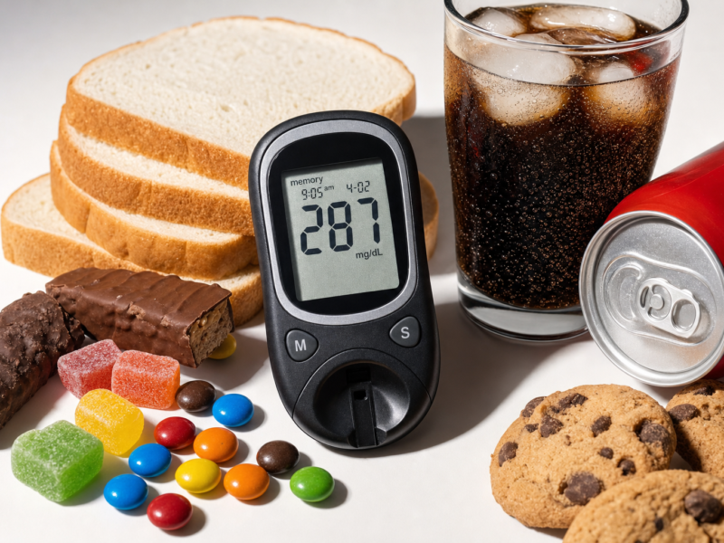 Digital glucose meter showing high blood sugar reading next to sugary foods on a table