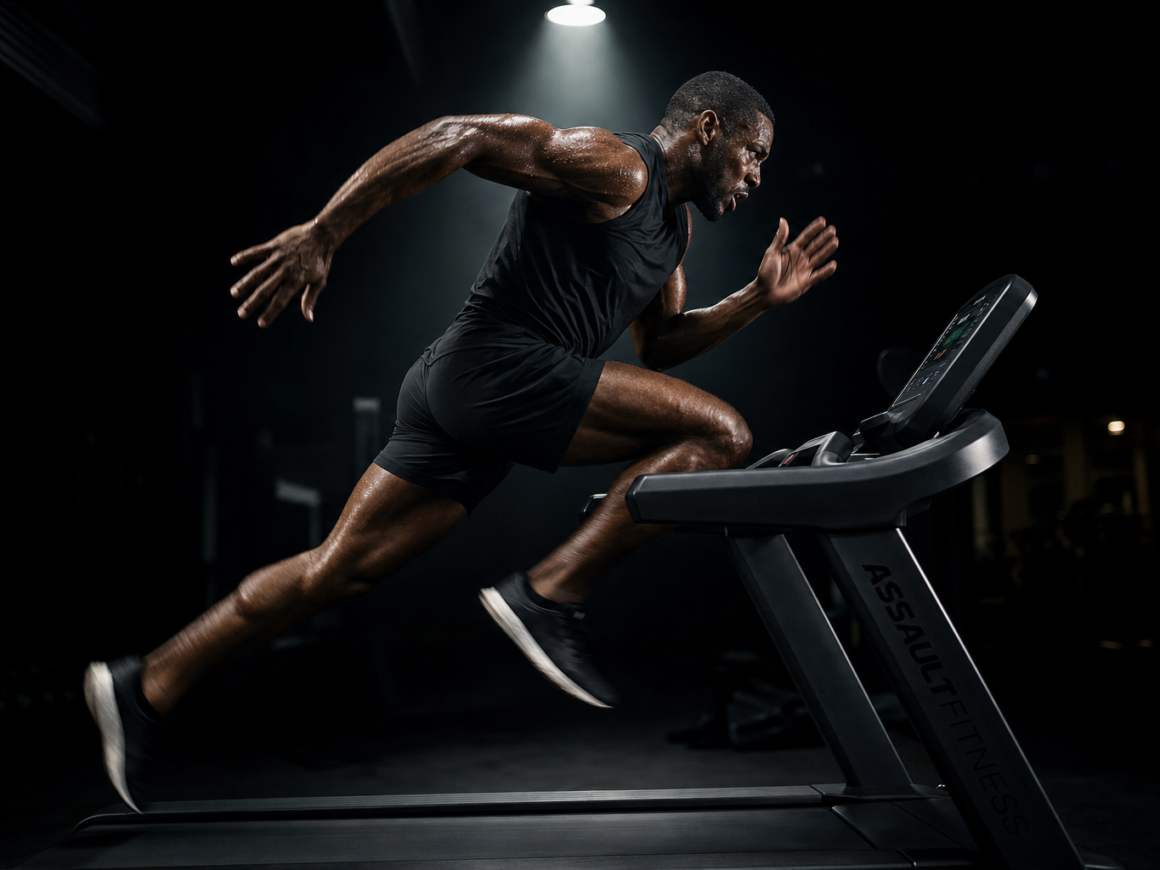 Athlete mid-sprint interval in a dark gym, high intensity interval training