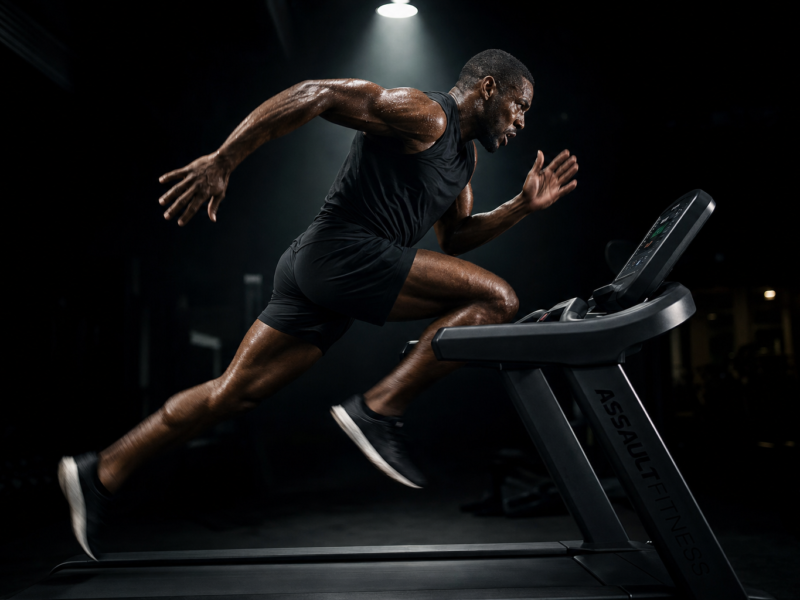 Athlete mid-sprint interval in a dark gym, high intensity interval training