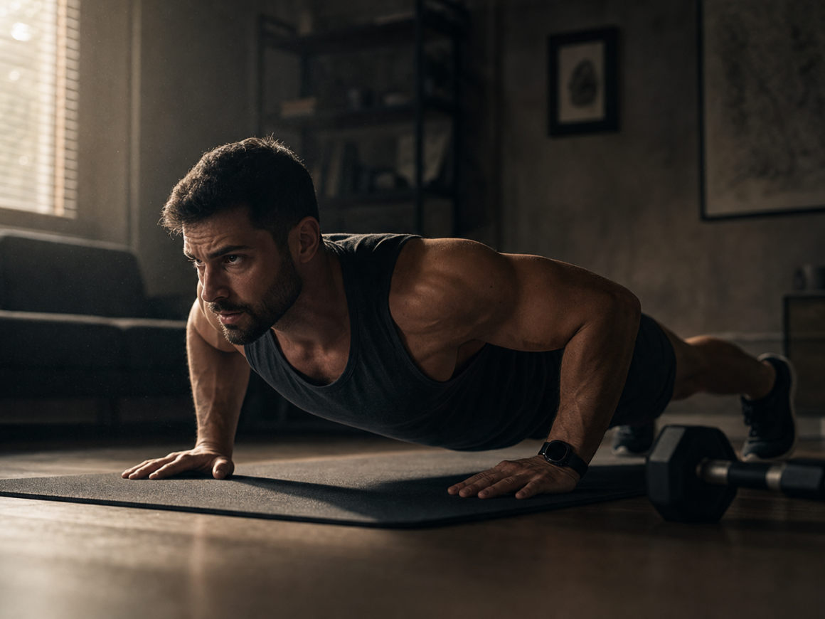 Person doing a bodyweight workout in a dark minimalist home gym