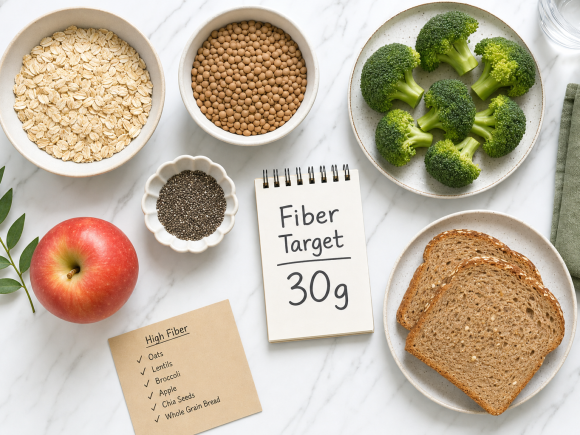 Daily fiber intake chart with high fiber foods representing how much fiber per day guidelines