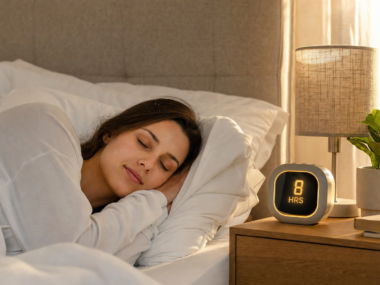 Alarm clock next to a sleeping person representing how much sleep you need