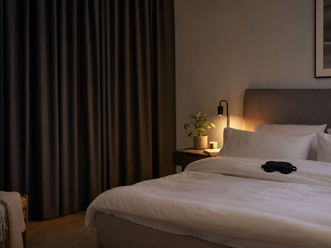 Person in a dark cool bedroom with blackout curtains representing how to improve sleep quality