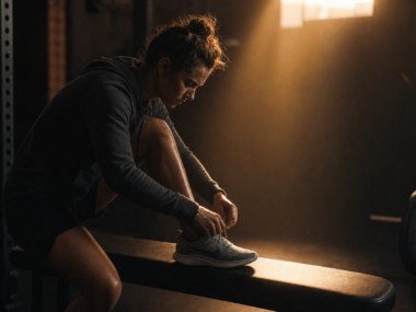 Person lacing up running shoes at sunrise, motivated for a workout