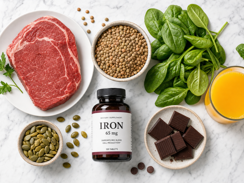 Iron rich foods including red meat spinach lentils and iron supplement tablets for iron deficiency