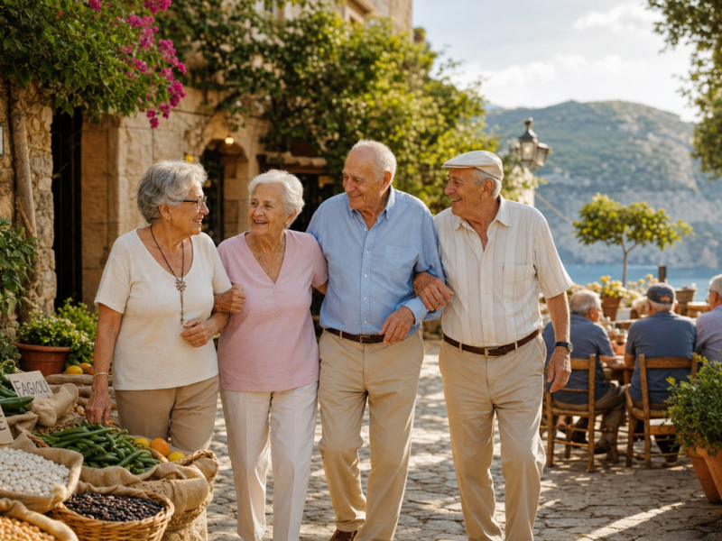 Blue Zone village in Sardinia with elderly people living long healthy lives representing longevity habits