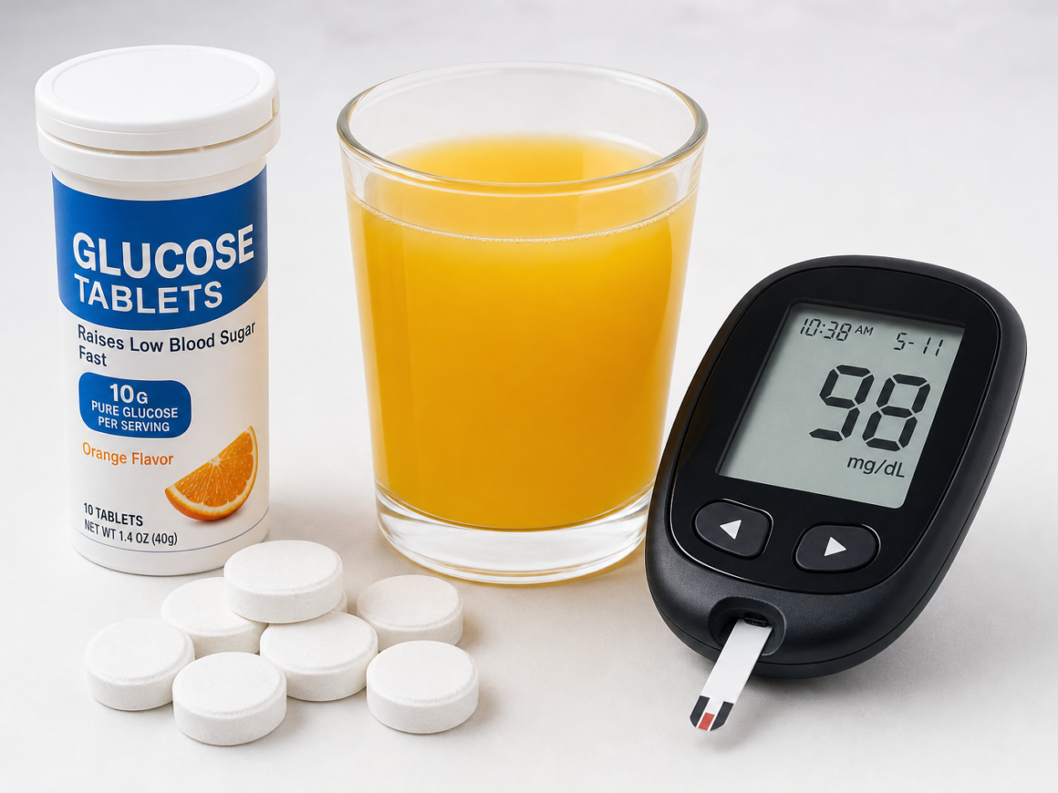 Glucose tablets and orange juice for treating low blood sugar emergency