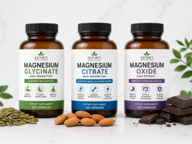 Magnesium supplement forms glycinate citrate and oxide bottles on white marble
