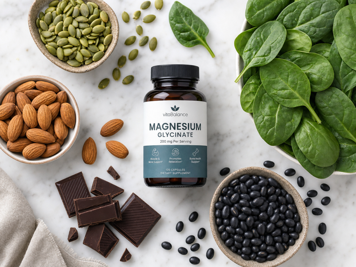 Magnesium rich foods including pumpkin seeds almonds dark chocolate and spinach on marble