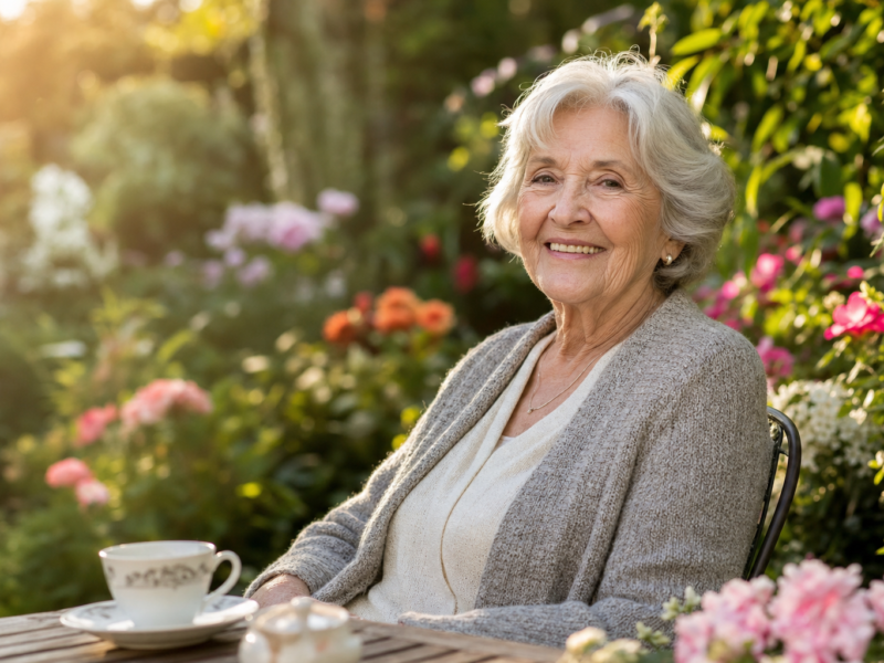 Older person smiling peacefully in a garden representing mental health and aging resilience