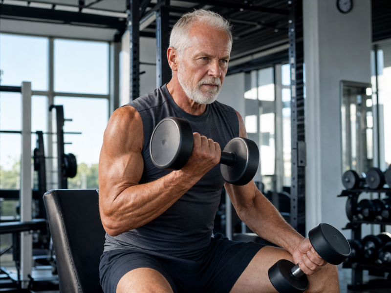 Older adult doing resistance training with weights to prevent sarcopenia and muscle loss