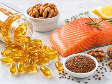 Omega-3 fish oil capsules and fresh salmon representing omega-3 benefits for heart and brain
