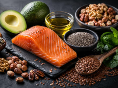 Omega 3 foods including salmon nuts seeds and avocado featured image