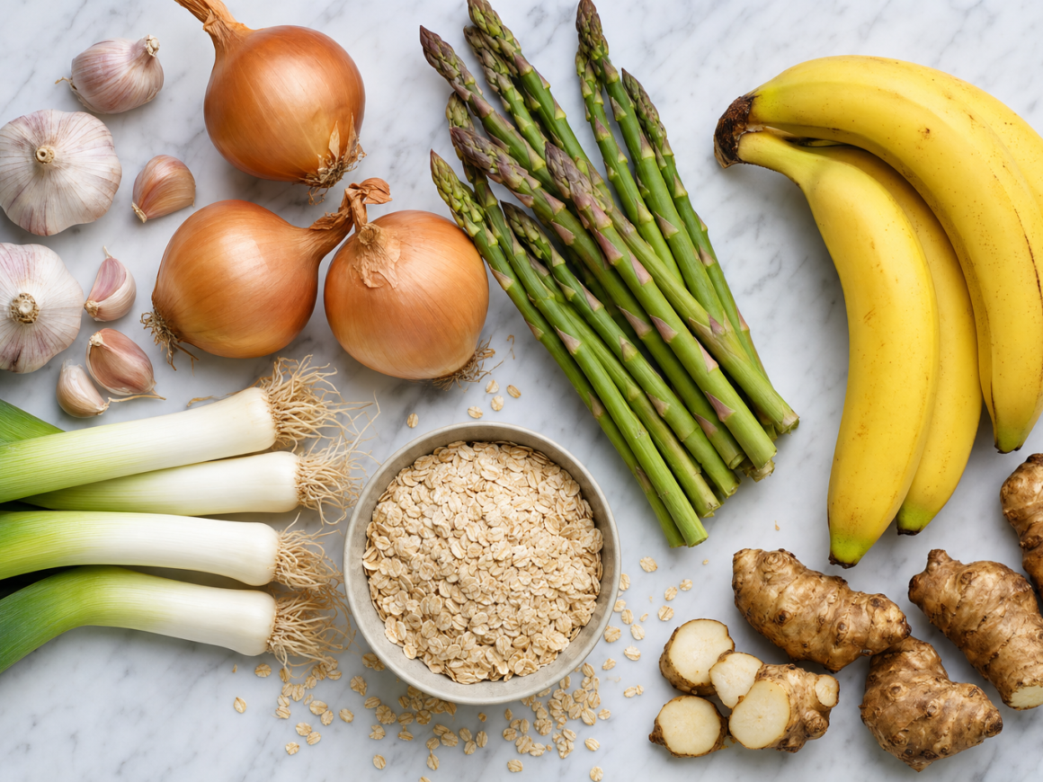Prebiotic fiber foods including garlic onions asparagus bananas and oats for gut bacteria health