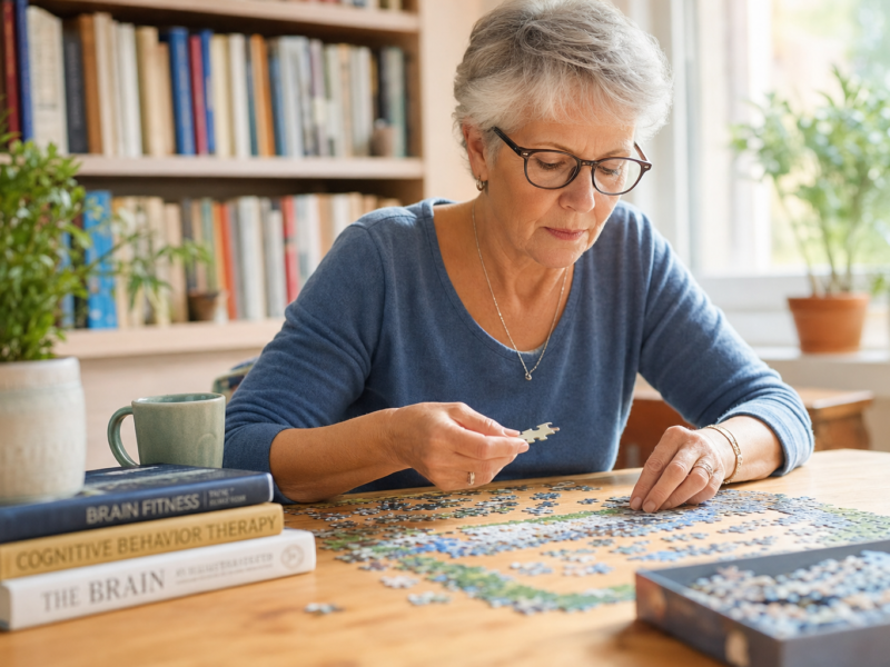Older person doing brain puzzle representing cognitive decline prevention and brain health