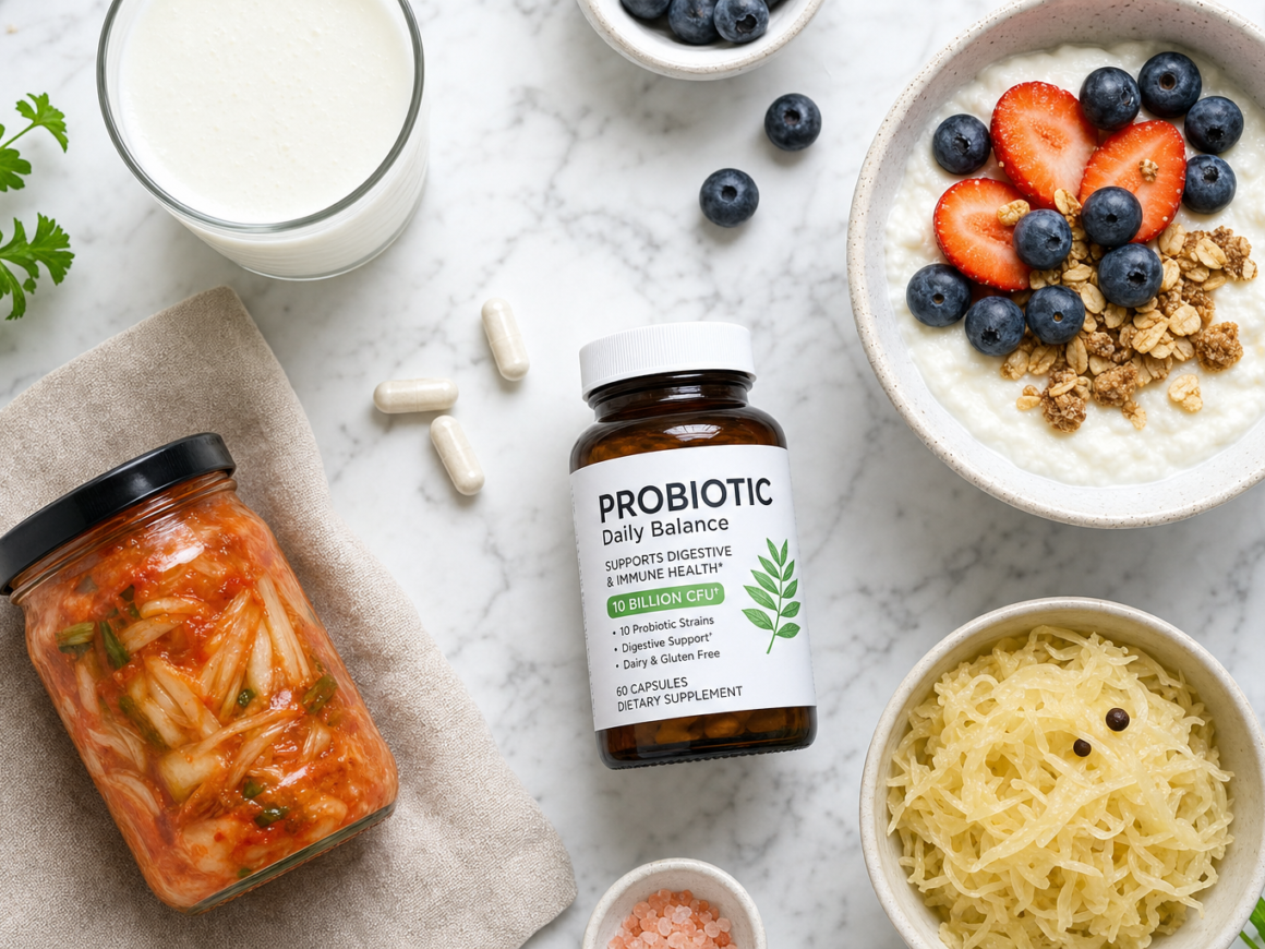 Probiotic capsules next to fermented foods yogurt kimchi and kefir representing probiotics guide