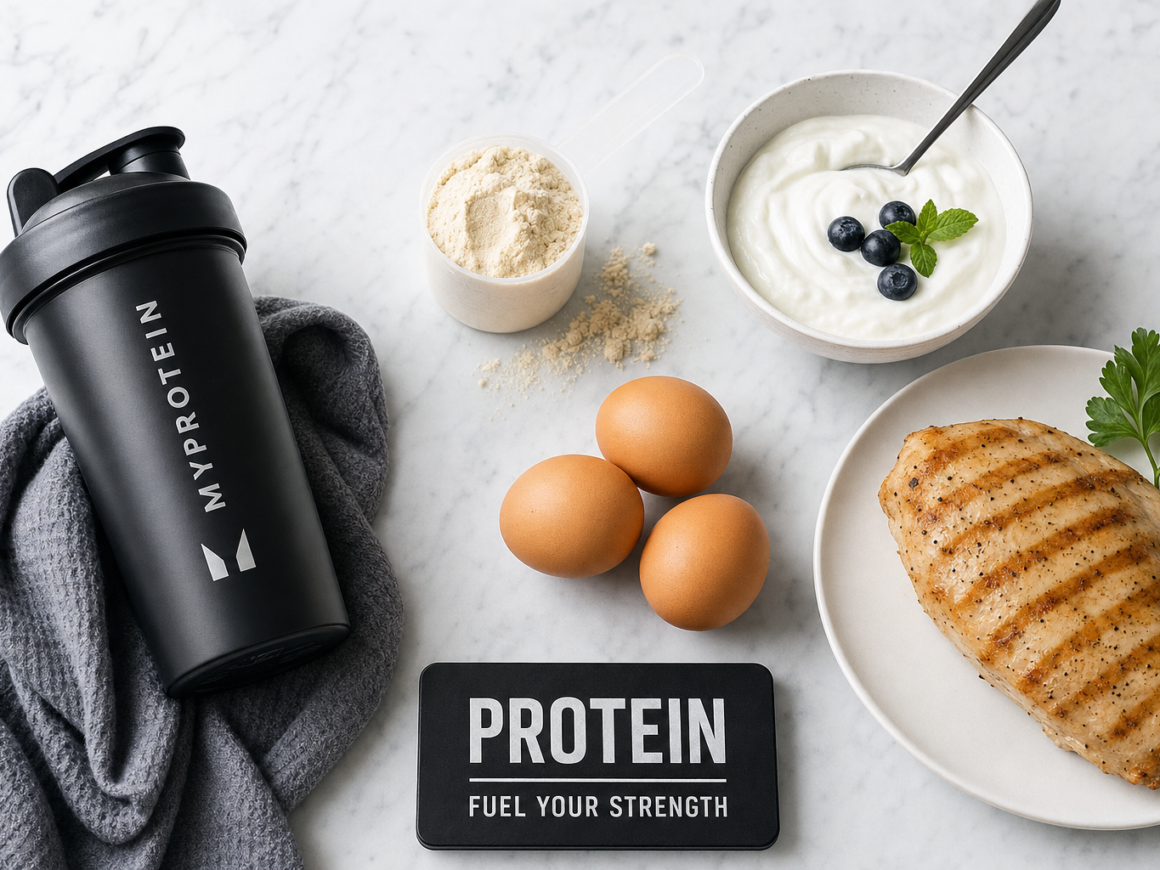 Protein powder shaker bottle next to chicken eggs and Greek yogurt representing protein supplements