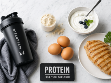 Protein powder shaker bottle next to chicken eggs and Greek yogurt representing protein supplements