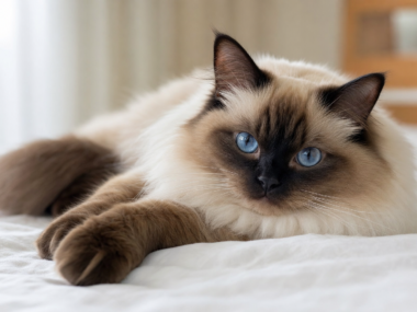 A beautiful Ragdoll cat with striking blue eyes and a silky cream and seal-point coat resting on a white linen surface