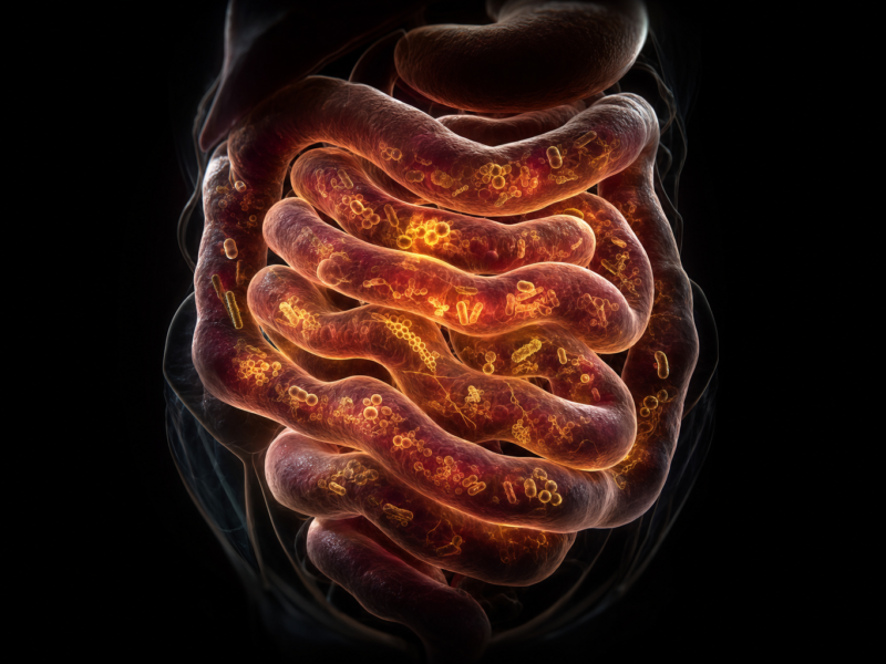 Conceptual dark medical illustration of the small intestine and gut bacteria, representing SIBO
